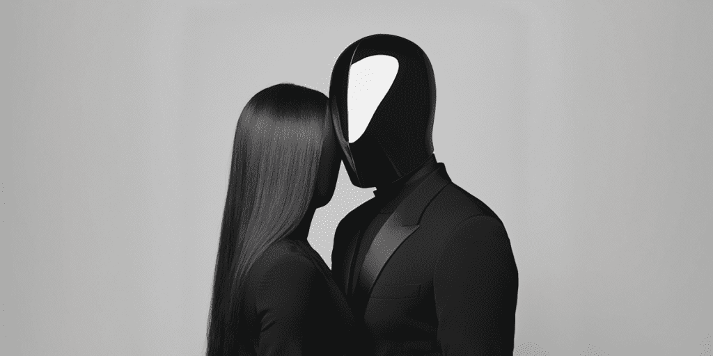 Szürreális ölelkezés két figura között, az egyik hosszú fekete hajjal, a másik fekete öltönyben reflektáló sisakkal, szürke háttér előtt.