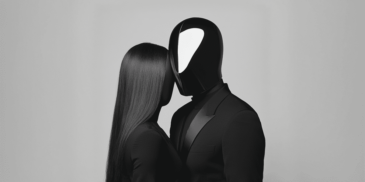 Szürreális ölelkezés két figura között, az egyik hosszú fekete hajjal, a másik fekete öltönyben reflektáló sisakkal, szürke háttér előtt.