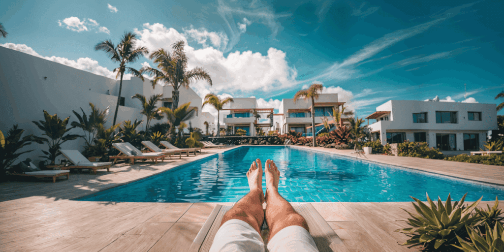 Relaxing poolside at a tropical resort with clear skies, palm trees, and modern architecture. Perfect vacation vibes.
