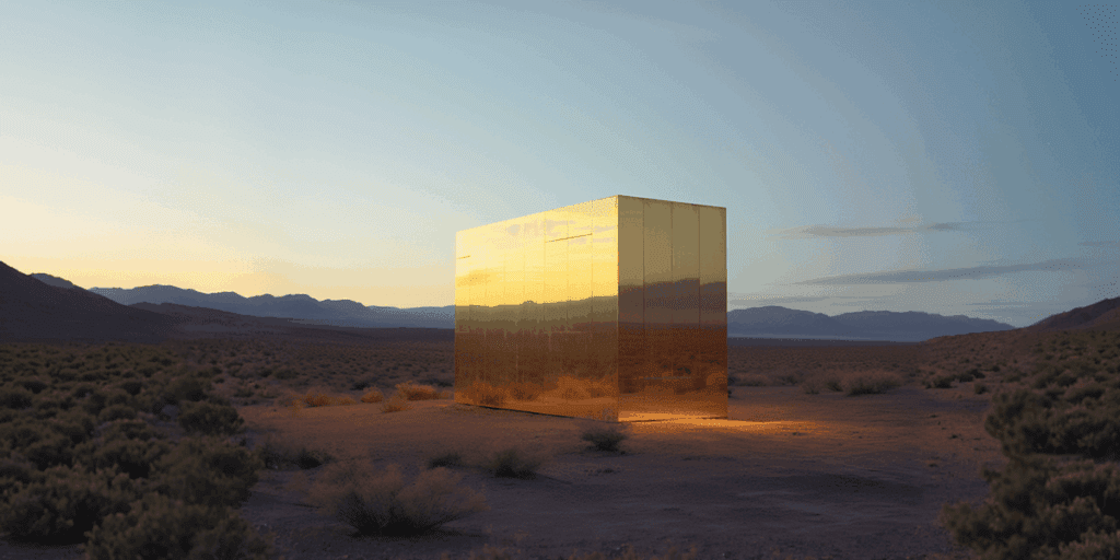 A reflective golden cube in a desert at sunset, casting a warm glow. Distant mountains and a serene sky enhance the ethereal scene.