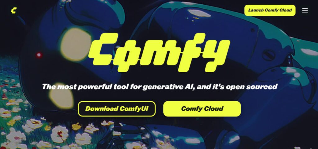 A ComfyUI hivatalos weboldalának nyitóképe.