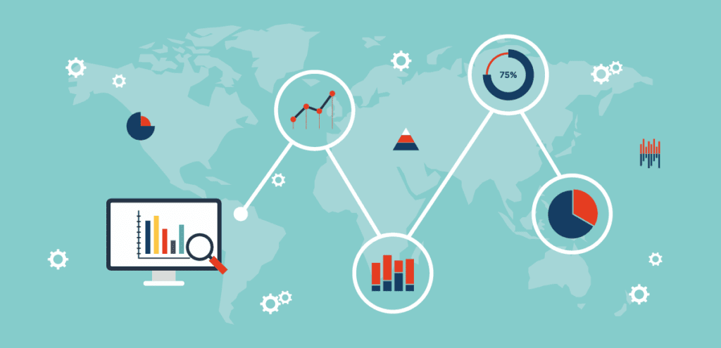 Grafika, amin különböző gráfok, diagramok, láthatók, a piackutatást szimbolizálva.