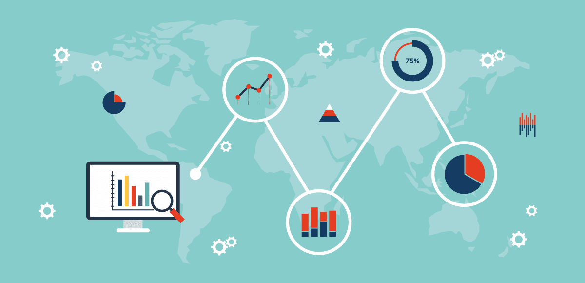 Grafika, amin különböző gráfok, diagramok, láthatók, a piackutatást szimbolizálva.