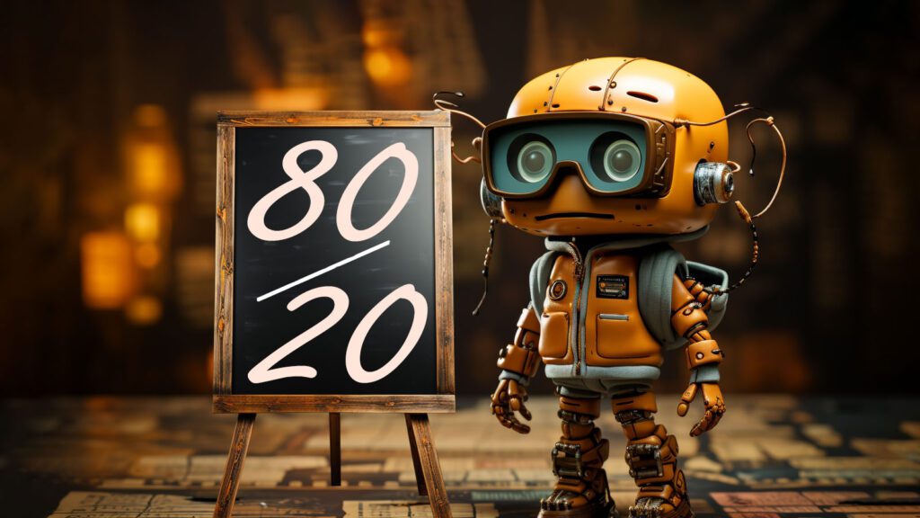 Generált kép, amin egy chatrobot látható egy 80/20-as feliratú tábla mellett, ami a Pareto-elvet szimbolizálja.