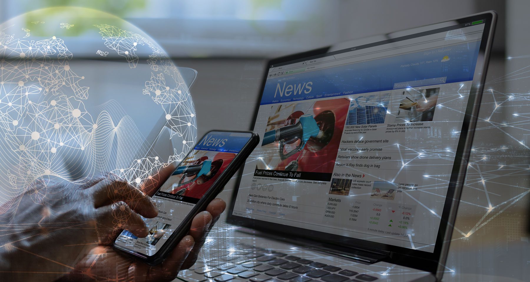 Generált kép, amin egy monitor és egy mobiltelefon látható, amiken különböző hírek olvashatók. Az egészet egy MI háló szövi át.