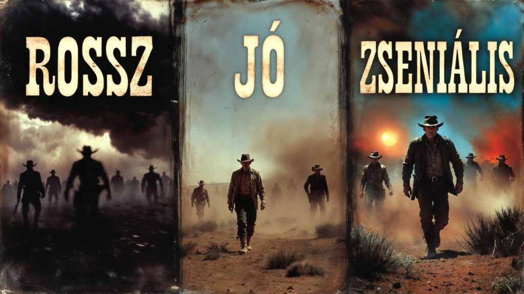 Generált kép a Jó a rossz és a csúf western mozi plakátjának stílusában a rossz a jó és a zseniális promptok.