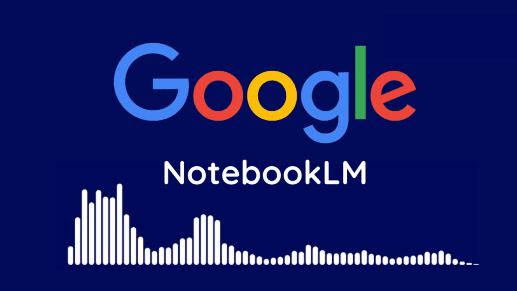 Google NotebookLM felirat a googel színeivel, plusz egy hangsáv, utalva a podcast funkcióra.