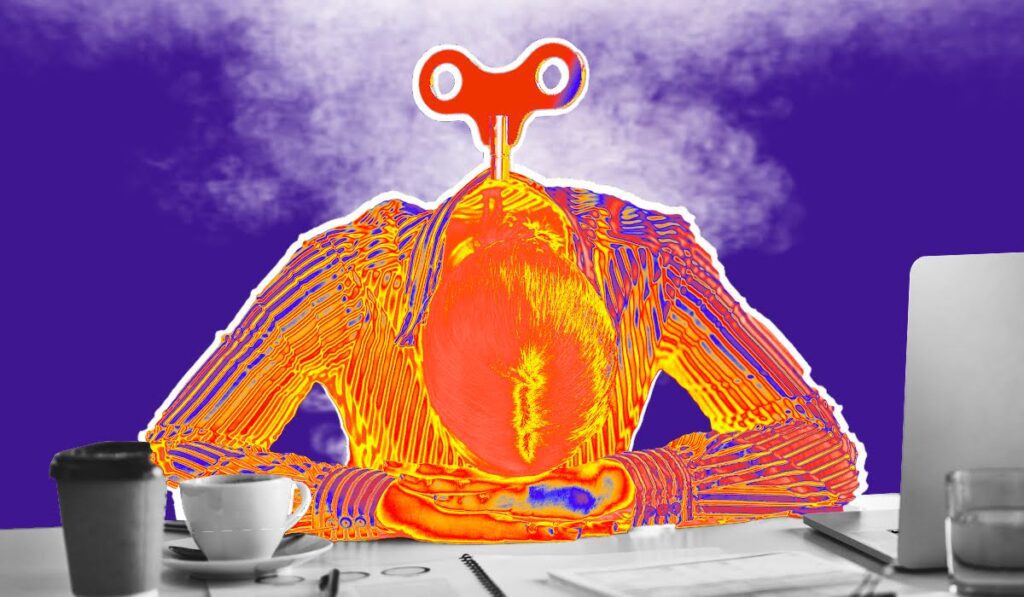 Generált kép, amin egy emberi sziluett teljesen kimerült, kiégett, az MI kiégést szimbolizálja.