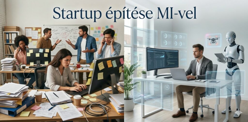 Gemini által generált kép, amin a hagyományos és az MI segítségével működő startup látható.