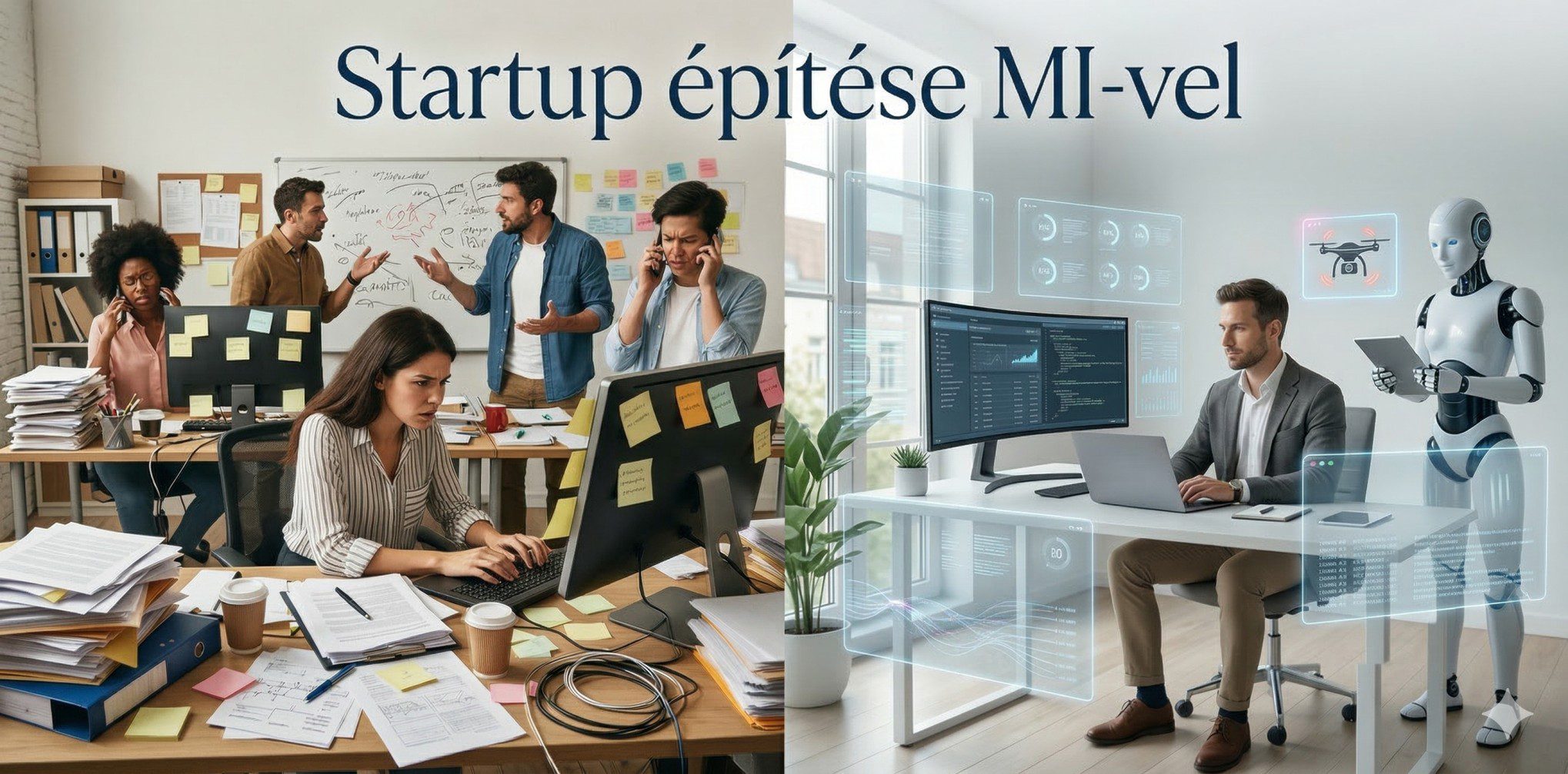 Gemini által generált kép, amin a hagyományos és az MI segítségével működő startup látható.