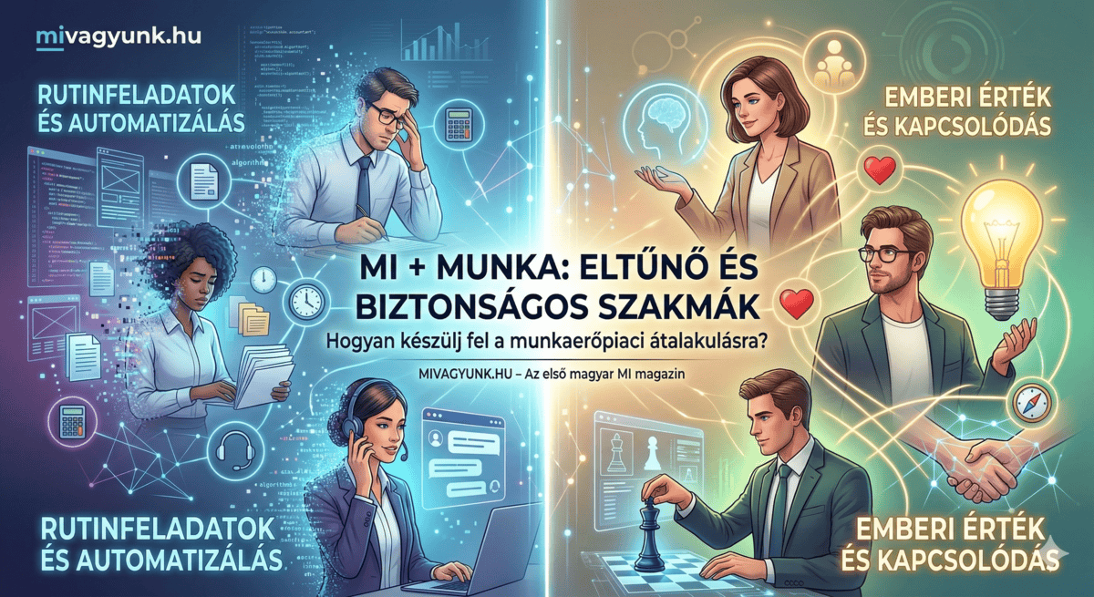 Kettéosztott illusztráció a munka jövőjéről: bal oldalon kék tónusú MI-automatizáció és adatközpontú szakmák, jobb oldalon meleg tónusú, emberi empátiára és kreativitásra épülő biztonságos munkakörök.