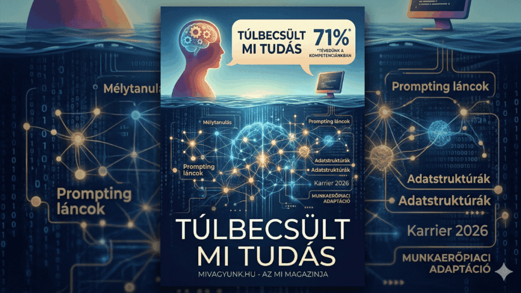 Jéghegy-metafora a túlbecsült MI-kompetenciáról: a felszín felett egy emberi sziluett, a mélyben egy rejtett neurális hálózat látható, utalva a 71 százalékos tévedésre.
