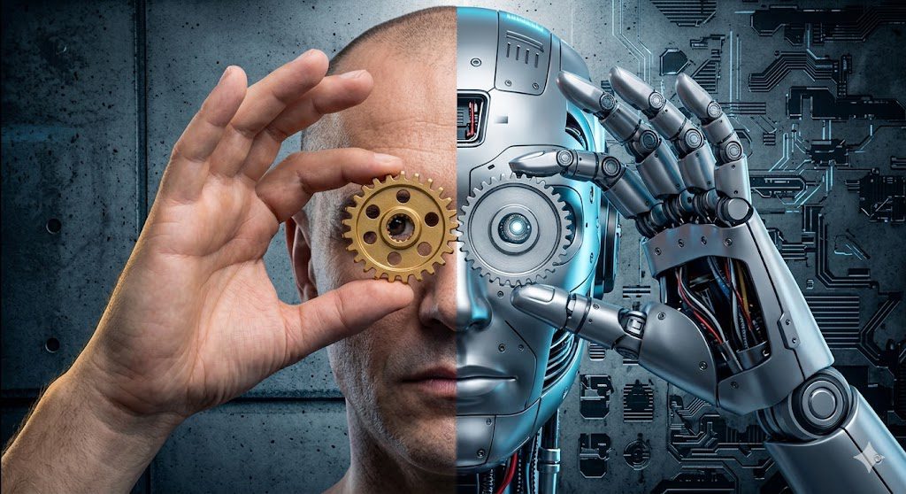 Generált kép, amin egy kétarcú fej látható. Egyik fele robot, a másik élő emberi arc, a szem előtt tartva két egymásba illő fogaskereket. A kép a MI-mérnökit munkát szimbolizálja.