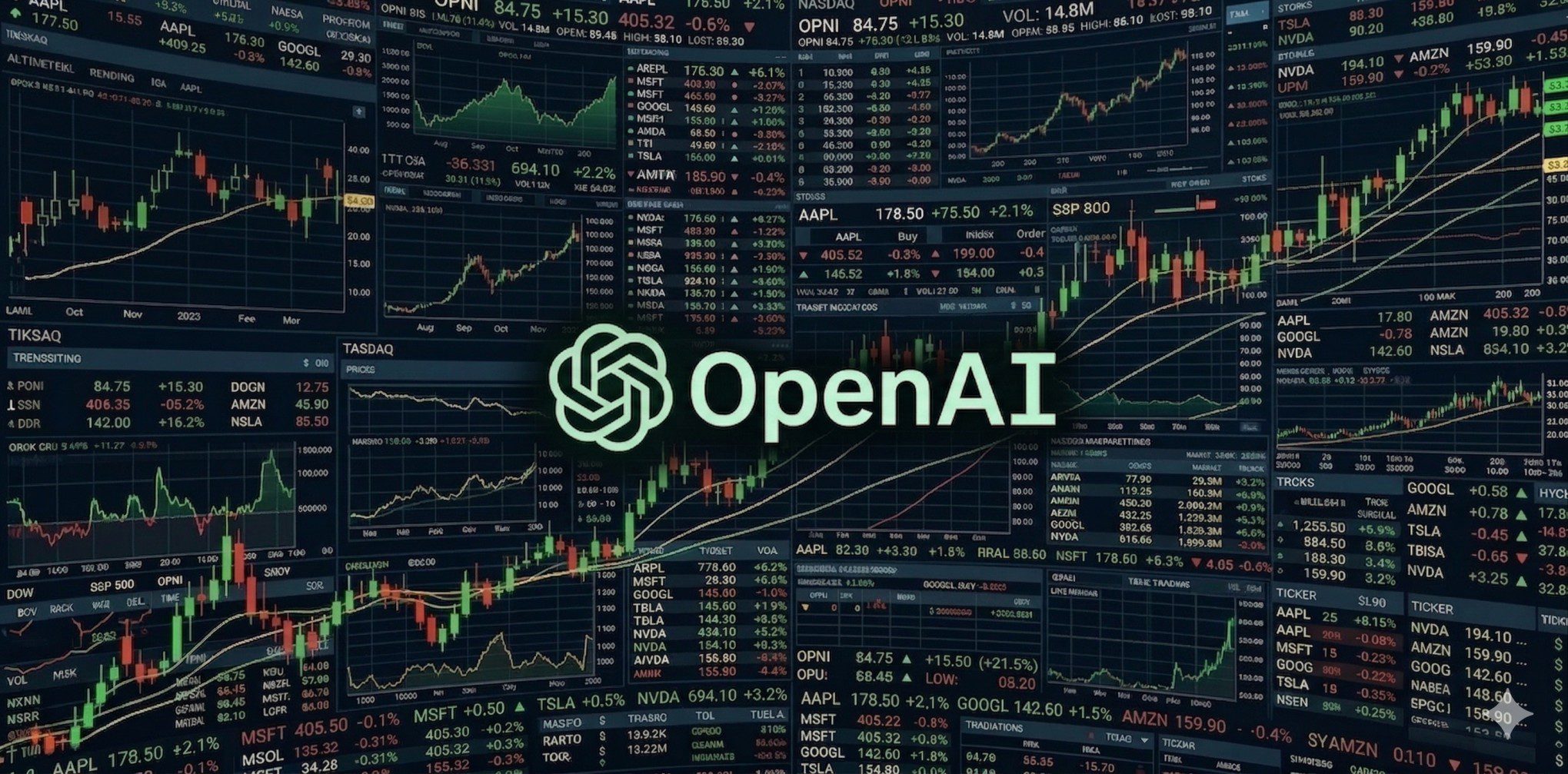 Generált kép, tőzsdei grafikonokkal és OpenAI felirattal, logóval.
