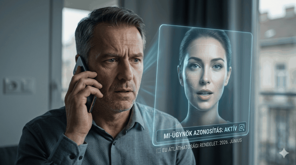 Modern ügyfélszolgálati környezet egy budapesti irodában, ahol egy transzparens digitális kijelző jelzi az MI-ügynök azonosítás folyamatát az EU-s szabályozás szerint.