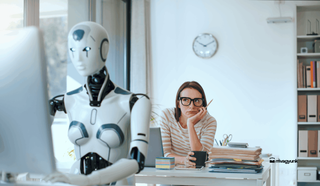egy unott nő a háttérből figyeli ahogyan a robotja dolgozik a számítógép előtt