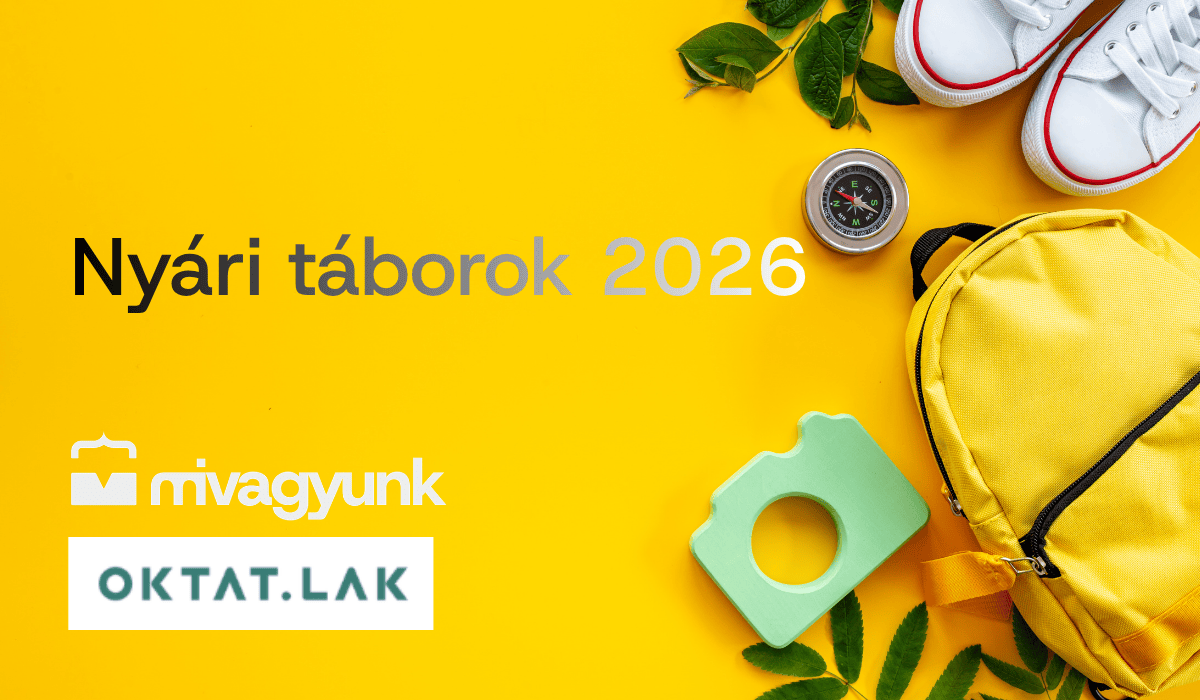 sárga háttéren nyári táborok felirat, mivagyunk és oktat.lak logó