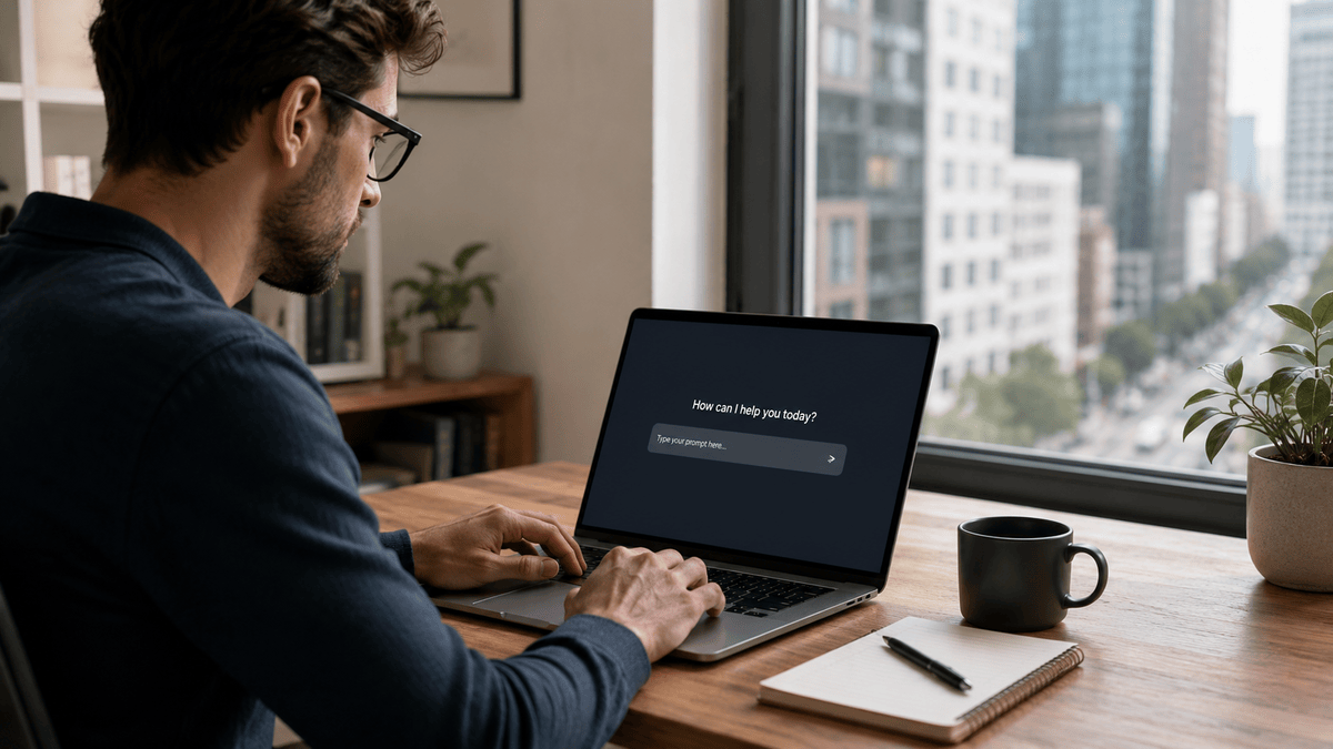 Egy laptop előtt ülő városi dolgozó, mellette jegyzetfüzet, kávé és egy letisztult képernyőn látható promptmező. Modern, nyugodt, nem futurisztikus hangulat. wordpress formátum