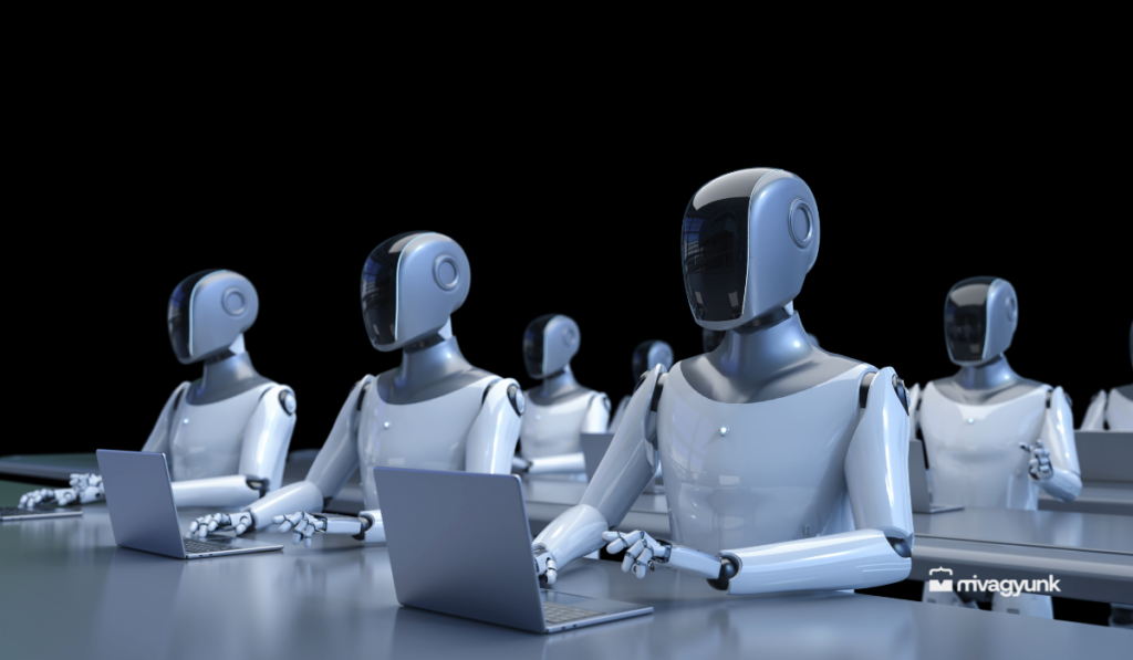 Robotok laptopok előtt ülnek egy sötét hátterű, futurisztikus irodai környezetben, a kép az MI-ügynökök önálló munkavégzését és az automatizált fejlesztési folyamatokat jelképezi.