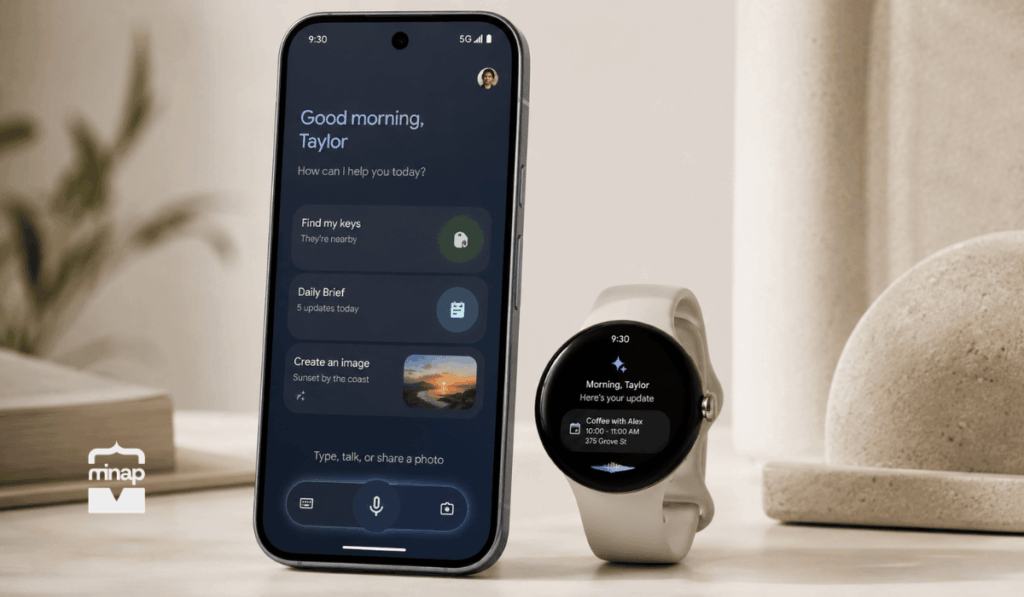 Pixel telefon és okosóra Gemini-alapú asszisztens felülettel, személyes napi összefoglalóval és okoseszköz-funkciókkal az Android 17 újdonságairól szóló cikkhez.