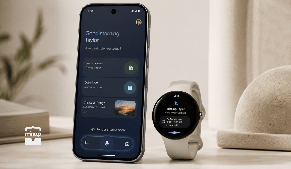 Pixel telefon és okosóra Gemini-alapú asszisztens felülettel, személyes napi összefoglalóval és okoseszköz-funkciókkal az Android 17 újdonságairól szóló cikkhez.