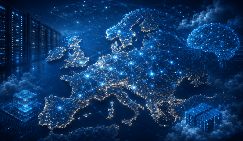 Európa digitális térképe adatközpontokkal, MI-hálózattal és világító agyábrával a technológiai szuverenitás témájához.