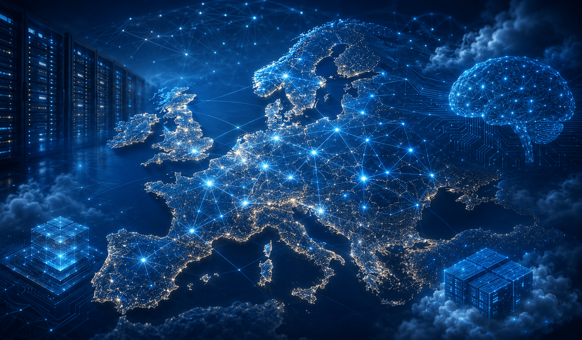 Európa digitális térképe adatközpontokkal, MI-hálózattal és világító agyábrával a technológiai szuverenitás témájához.