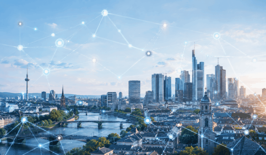 Digitális MI-hálózat európai várossziluett felett, amely az Anthropic-ügy kapcsán az európai technológiai függőséget jelképezi.