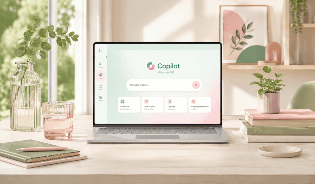 Világos, pasztellszínű irodai asztalon laptop látható Microsoft 365 Copilot nyitóképernyővel. A képernyőn dokumentum-összefoglalás, emailírás, feladatrendezés és prezentációkészítés opciói jelennek meg, körülötte növények, jegyzetfüzetek és könyvek utalnak a modern, MI-támogatott irodai munkára.