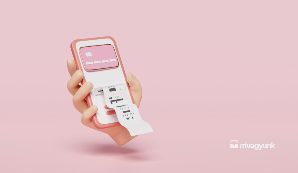 Rózsaszín háttér előtt lebegő kéz egy okostelefont tart, amelyből hosszú digitális számla vagy nyugta csúszik ki, a kép jobb alsó sarkában mivagyunk logóval.
