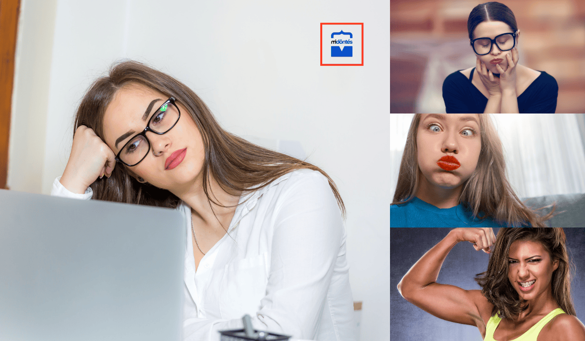 Unott, vicces arckifejezésű nő laptop előtt, mellette három eltúlzott érzelmet mutató portréval, a GYES utáni munkába visszatérés dilemmáit szemléltetve.