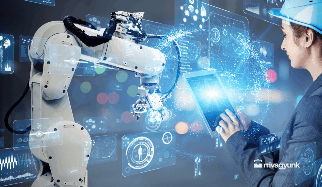 Egy ipari robotkar és egy védősisakot viselő szakember digitális kijelzőkkel és adatvizualizációkkal körülvéve, az MI-alapú gyártás és az ember-gép együttműködés szemléltetésére.