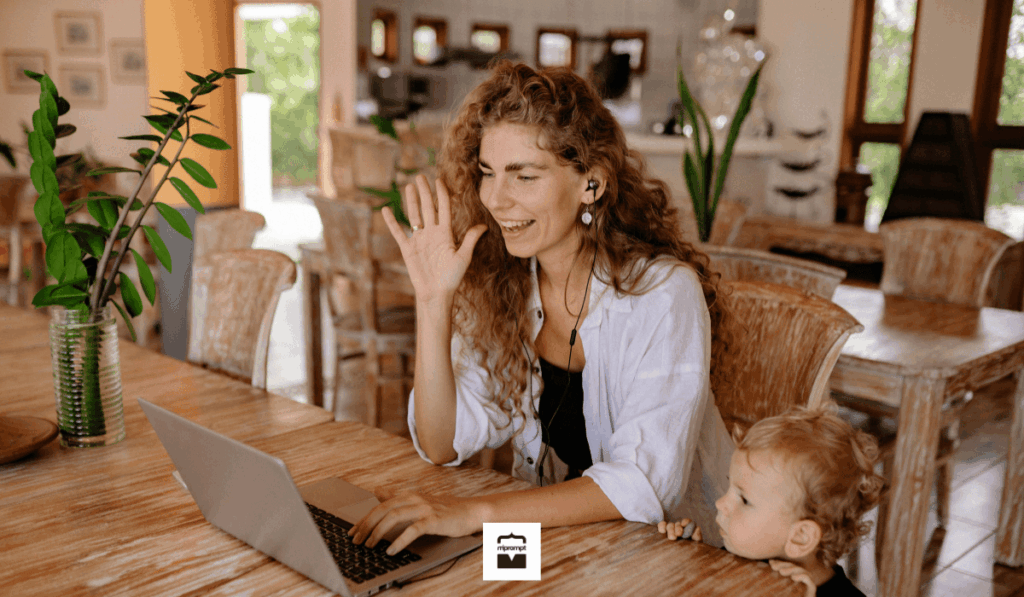 Édesanya laptop előtt videóhívásban vagy online tanulás közben, mellette kisgyermekkel, otthoni környezetben, a GYES utáni MI-alapú álláskeresést szemléltetve.