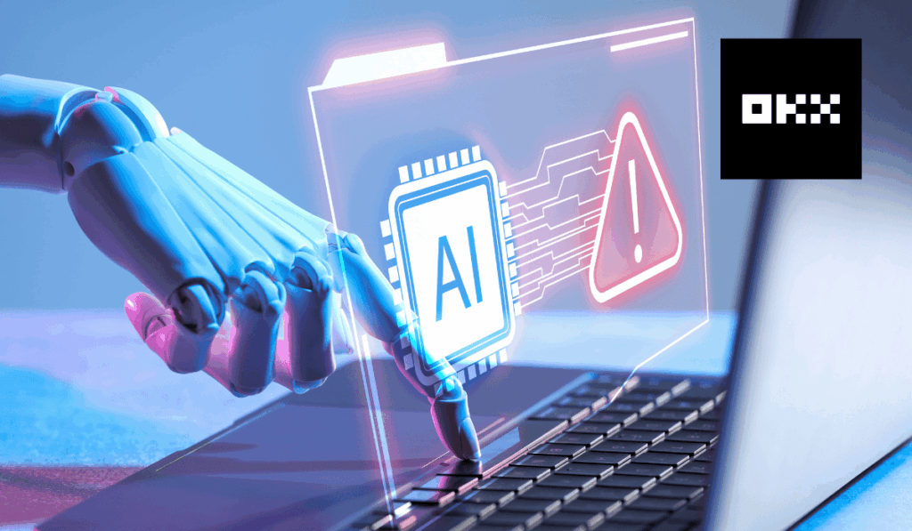 Robotkéz laptopon dolgozik, előtte MI-chip és figyelmeztető ikon látható, a képen az OKX logója is megjelenik.