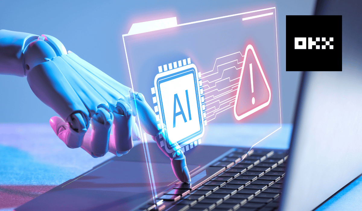 Robotkéz laptopon dolgozik, előtte MI-chip és figyelmeztető ikon látható, a képen az OKX logója is megjelenik.