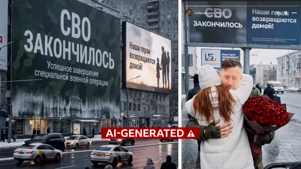 MI-generált háborús jelenet orosz nyelvű plakátokkal, amelyen a háború végét hirdetik, mellette egy egyenruhás férfi ölel át egy nőt virágcsokorral.