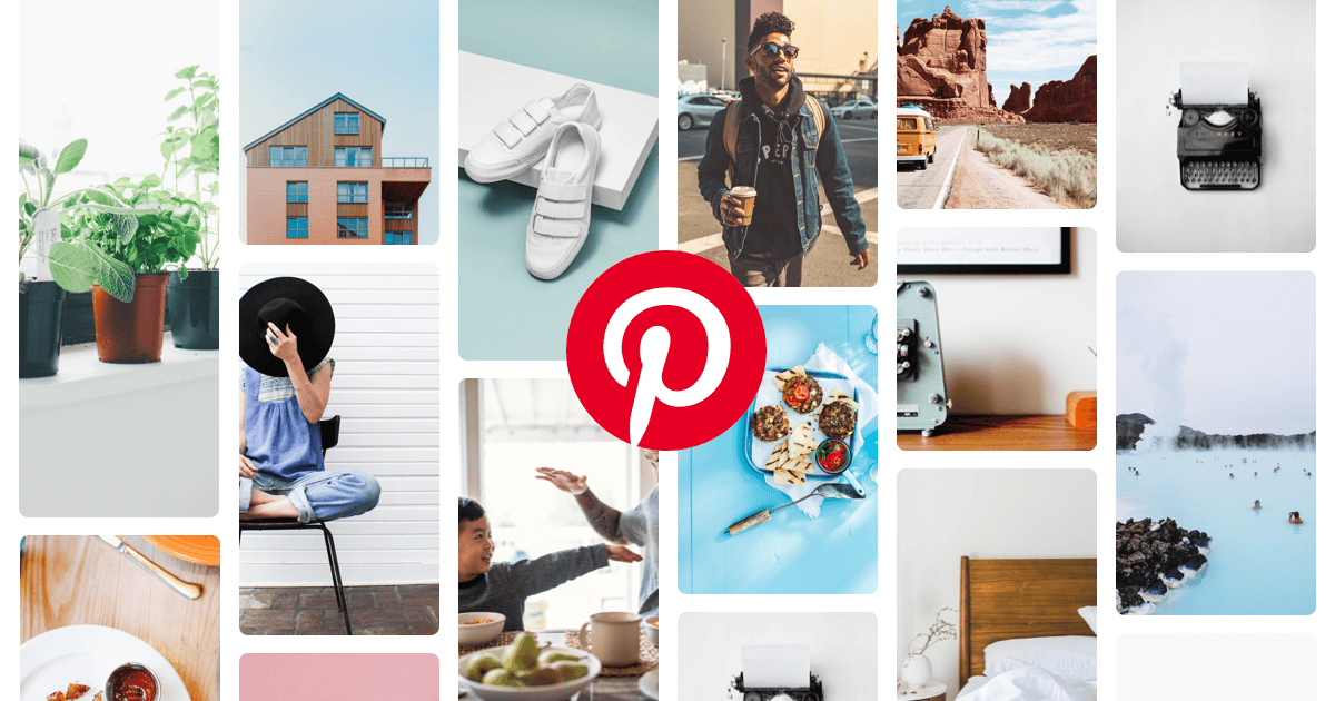 Pinterest-stílusú vizuális kollázs lakberendezési és lifestyle képekkel, középen Pinterest logóval, az Ask Pinterest MI-vásárlási app témájú cikkhez.
