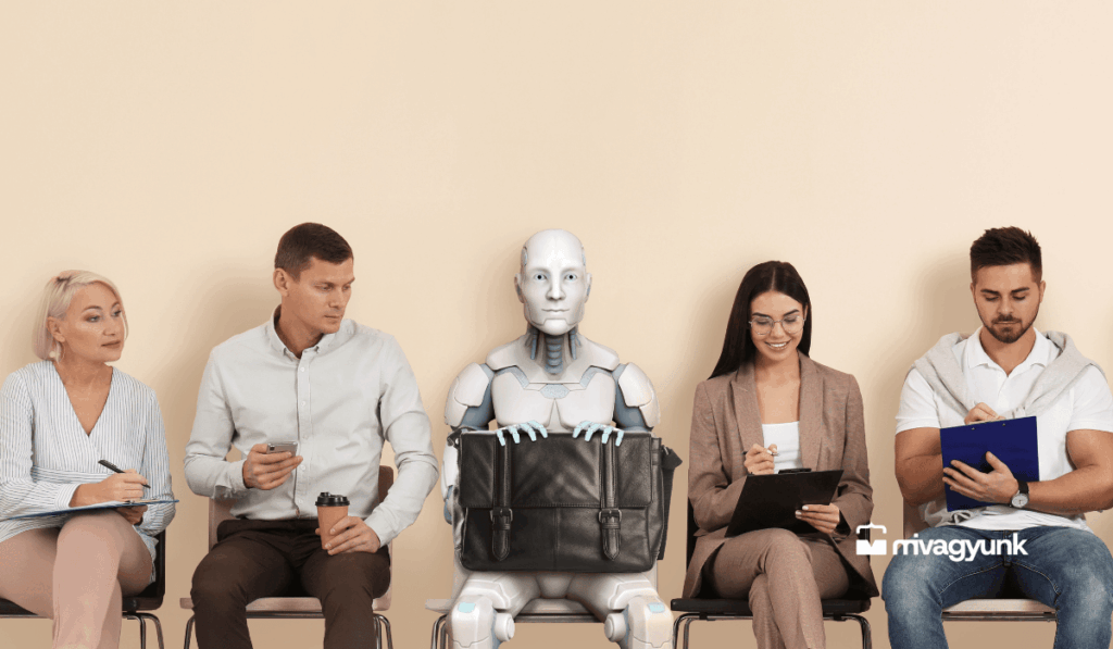 Vállalati MI-asszisztens témájú kép, ahol egy humanoid robot aktatáskával ül állásinterjúra váró emberek között.
