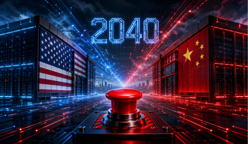 Amerikai és kínai zászlóval jelölt adatközpontok egy vörös vészleállító gomb két oldalán, háttérben a 2040-es évszámmal.
