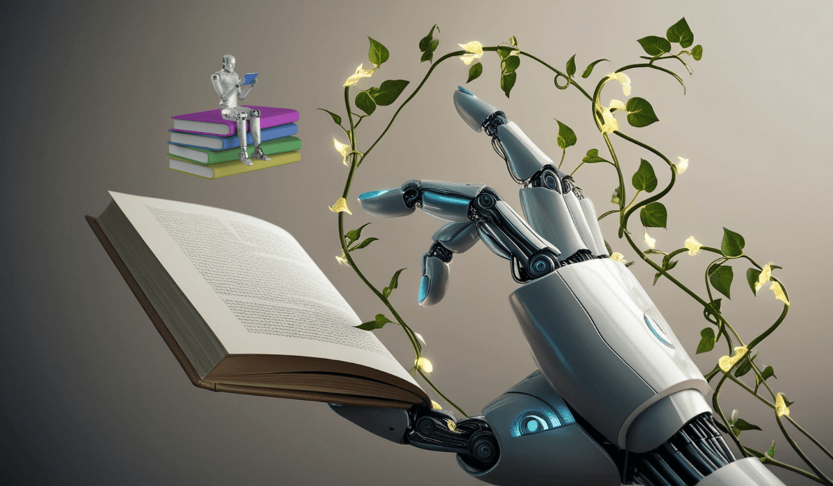 Robotkéz nyitott könyvet tart, körülötte indák és fények, a háttérben könyveken ülő kis robot alakja utal az MI-asszisztensekre és az olvasás változására.