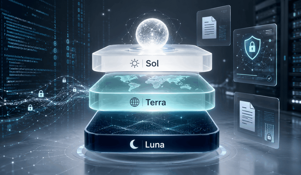 Digitális illusztráció a GPT-5.6 modellcsalád három szintjéről, Sol, Terra és Luna feliratokkal, kiberbiztonsági, dokumentumkezelési és kódolási elemekkel.