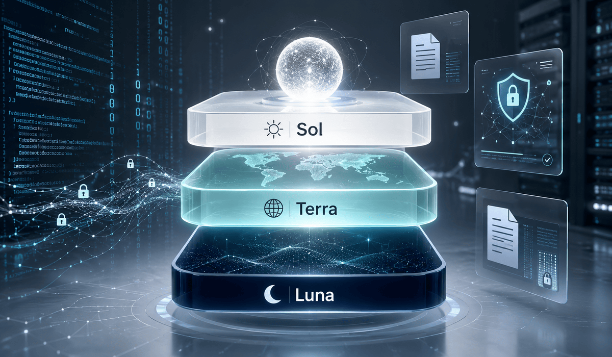 Digitális illusztráció a GPT-5.6 modellcsalád három szintjéről, Sol, Terra és Luna feliratokkal, kiberbiztonsági, dokumentumkezelési és kódolási elemekkel.