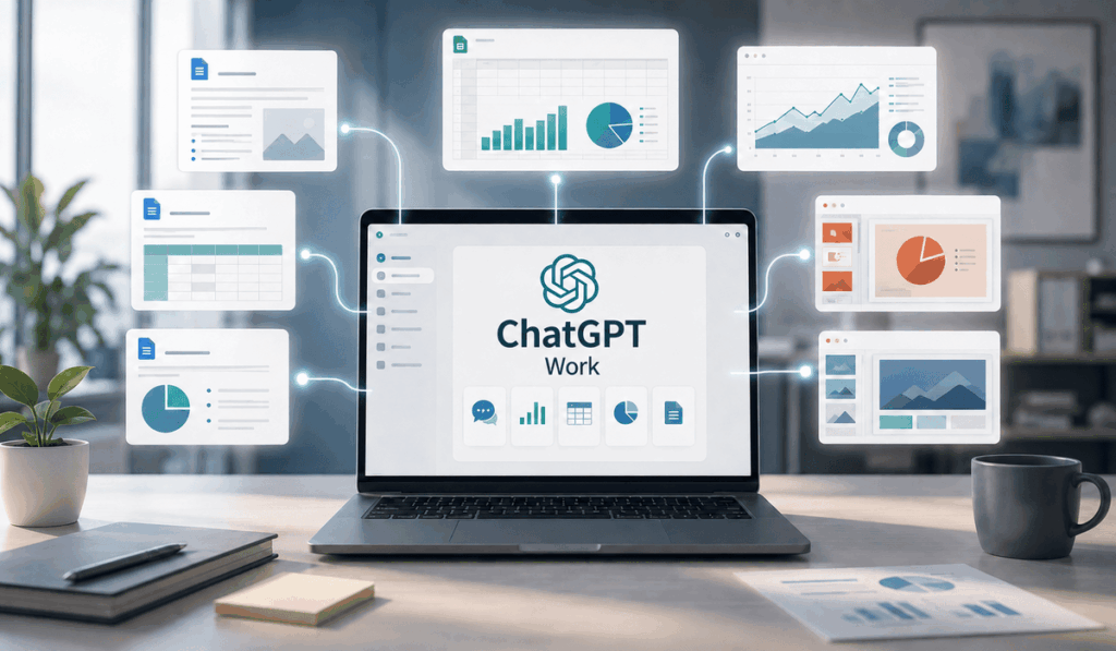 ChatGPT Work felület egy laptop képernyőjén, körülötte összekapcsolt dokumentumokkal, táblázatokkal és prezentációkkal.