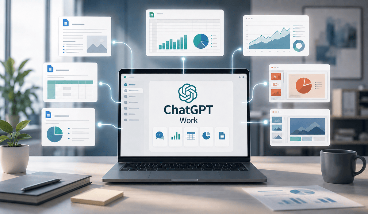 ChatGPT Work felület egy laptop képernyőjén, körülötte összekapcsolt dokumentumokkal, táblázatokkal és prezentációkkal.