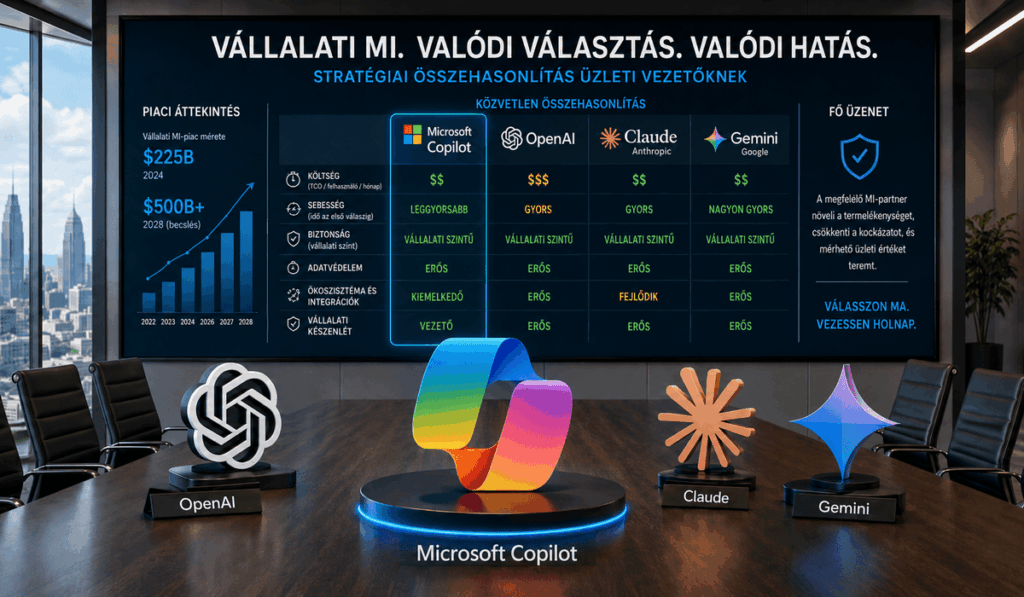 Microsoft Copilot, OpenAI, Claude és Gemini összehasonlítása vállalati tárgyalóteremben, költség-, sebesség- és biztonsági mutatókkal.