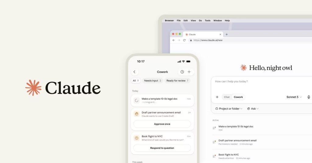Claude Cowork mobilos és webes felülete egy okostelefonon és laptopon, a háttérben Claude-logóval, az MI-ügynök több eszközön futó irodai munkáját szemléltetve.