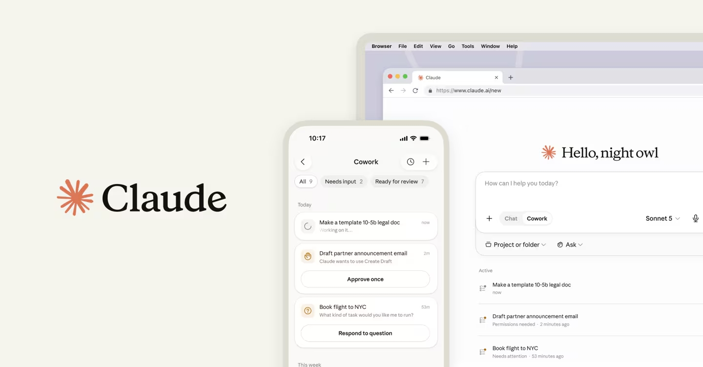 Claude Cowork mobilos és webes felülete egy okostelefonon és laptopon, a háttérben Claude-logóval, az MI-ügynök több eszközön futó irodai munkáját szemléltetve.