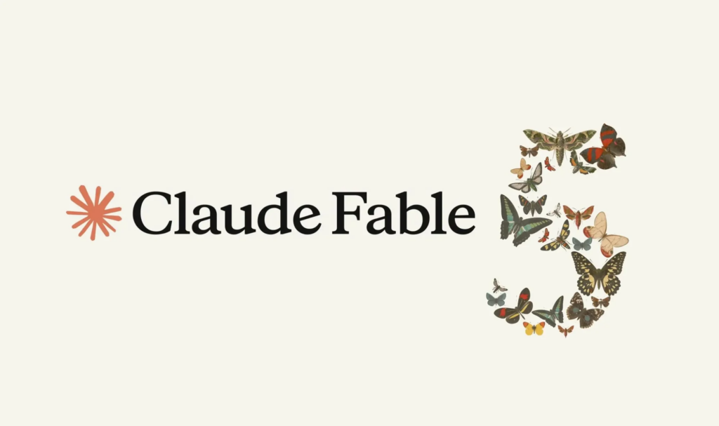 Claude Fable 5 felirat világos háttéren, mellette pillangókból kirakott 5-ös szám az Anthropic prémium MI-modelljéről szóló cikk borítóképén.