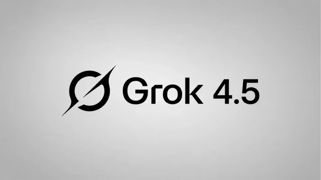 Grok 4.5 felirat és logó szürke háttéren, amely az új MI-modell bemutatását, valamint a nagy nyelvi modellek közötti ár- és teljesítményversenyt illusztrálja.