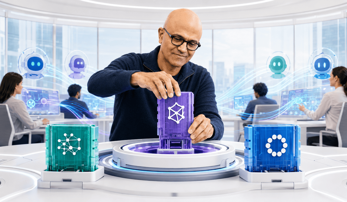 Satya Nadella az OpenAI, az Anthropic és a Microsoft cserélhető MI-moduljait kezeli egy futurisztikus vállalati irányítóközpontban.